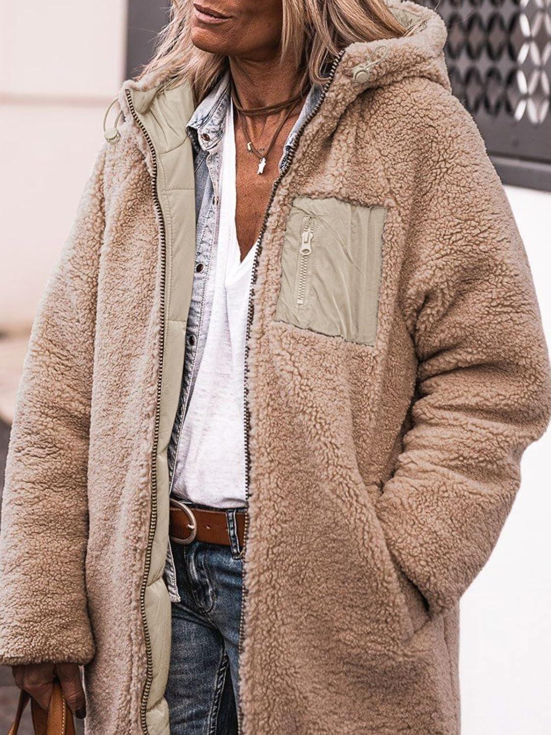 imageTankaneo Womens Reversible Puffer Jackets Sherpa Lined Fleece Winter Coats Casual Zip Up Hooded Warm OuterwearKhaki