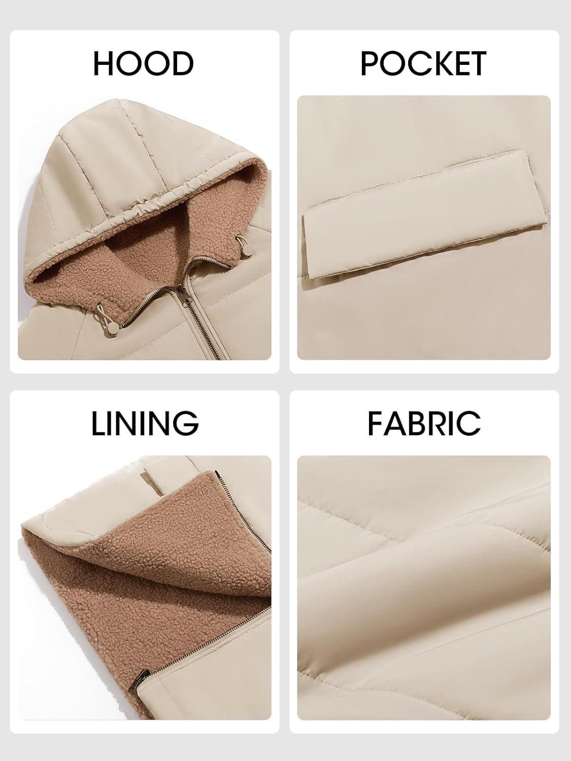 imageTankaneo Womens Reversible Puffer Jackets Sherpa Lined Fleece Winter Coats Casual Zip Up Hooded Warm OuterwearKhaki