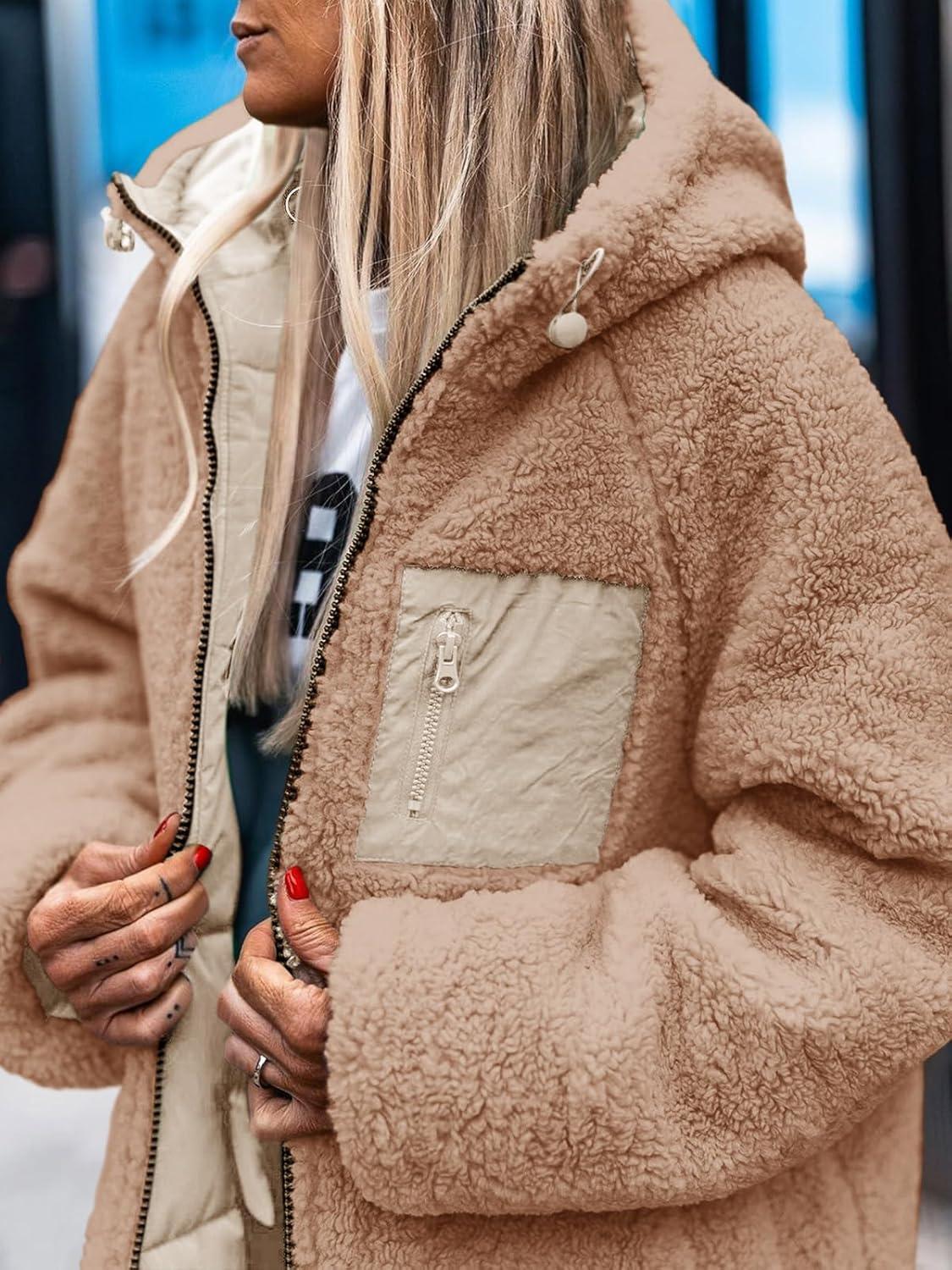 imageTankaneo Womens Reversible Puffer Jackets Sherpa Lined Fleece Winter Coats Casual Zip Up Hooded Warm OuterwearKhaki