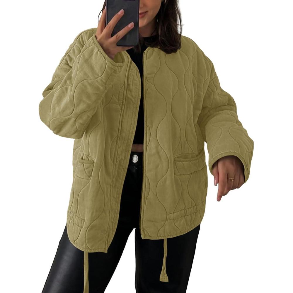 imageTankaneo Womens Collarless Lightweight Quilted Jackets Casual Oversized Puffer Coats Zip Up Drawstring OuterwearArmy Green