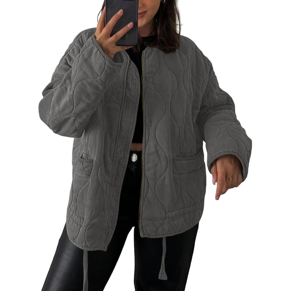 imageTankaneo Womens Collarless Lightweight Quilted Jackets Casual Oversized Puffer Coats Zip Up Drawstring OuterwearGrey