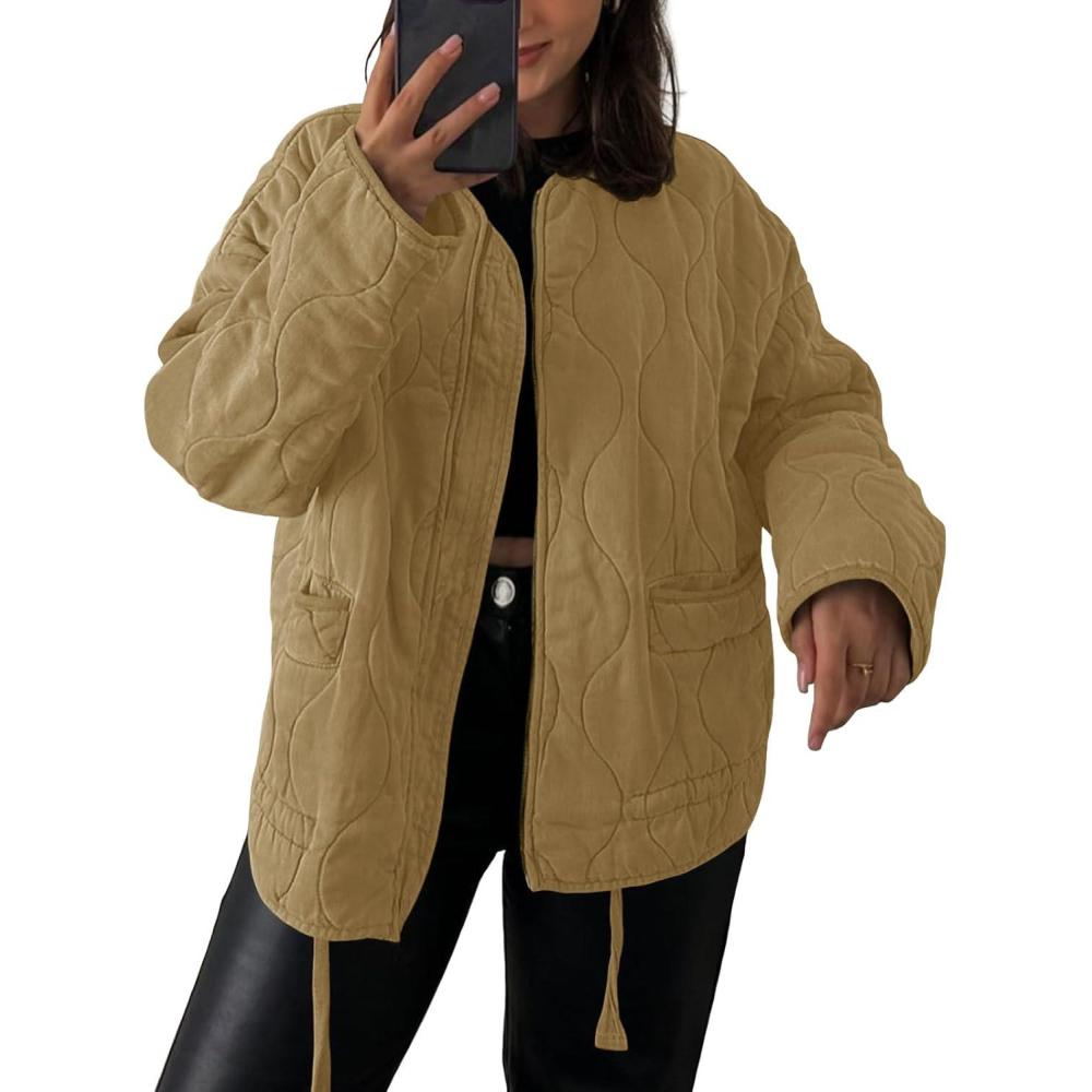 imageTankaneo Womens Collarless Lightweight Quilted Jackets Casual Oversized Puffer Coats Zip Up Drawstring OuterwearKhaki