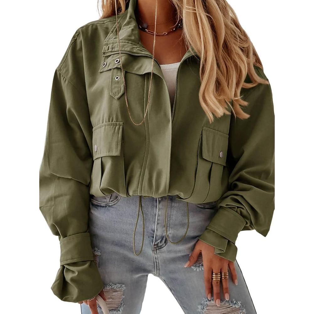 imageTankaneo Womens Cropped Bomber Jacket Long Sleeve Zip Up Casual Coats Loose Fit Outerwear with PocketsArmy Green