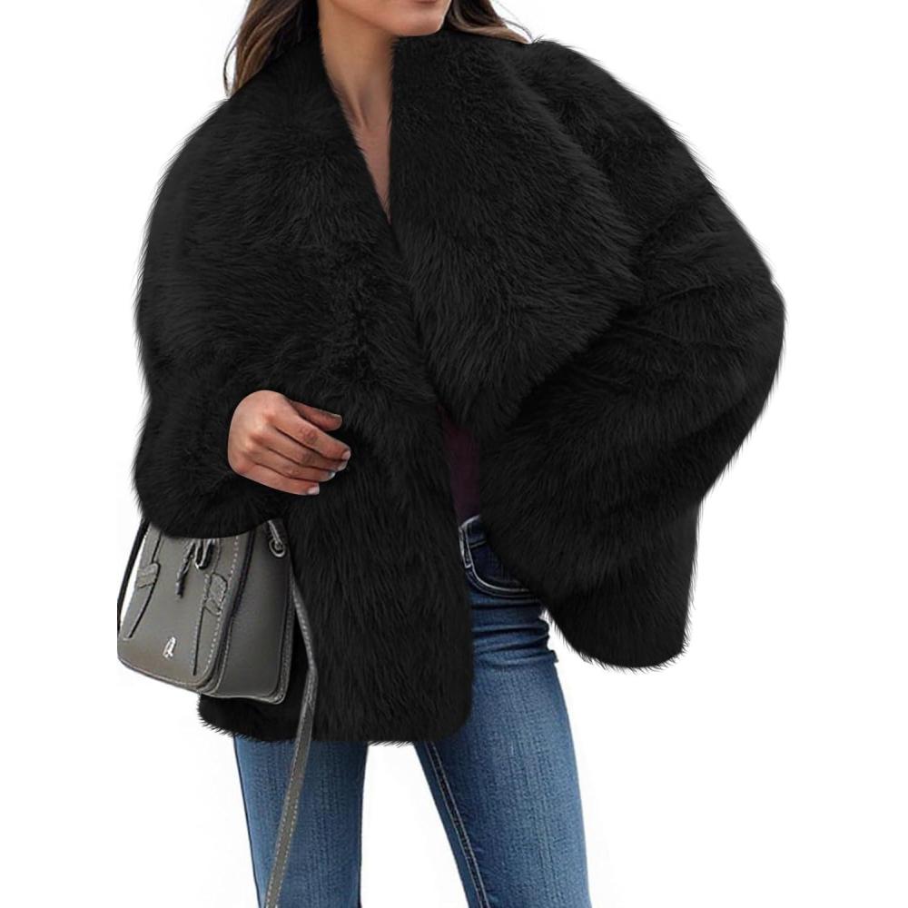 imageTankaneo Womens Cropped Faux Fur Jackets Winter Long Sleeve Open Front Warm Shaggy CoatsBlack