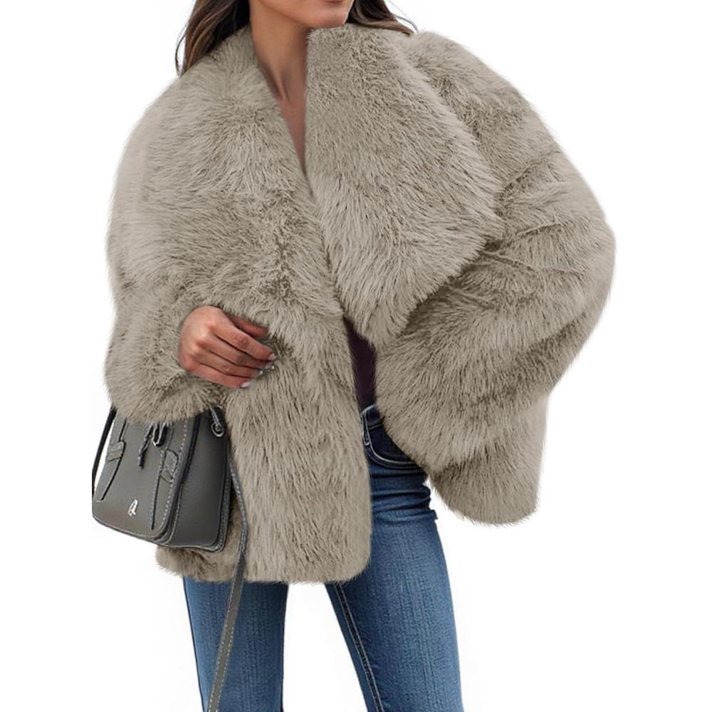 imageTankaneo Womens Cropped Faux Fur Jackets Winter Long Sleeve Open Front Warm Shaggy CoatsDark Khaki