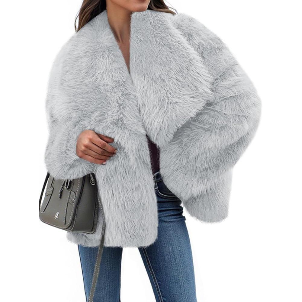 imageTankaneo Womens Cropped Faux Fur Jackets Winter Long Sleeve Open Front Warm Shaggy CoatsGrey