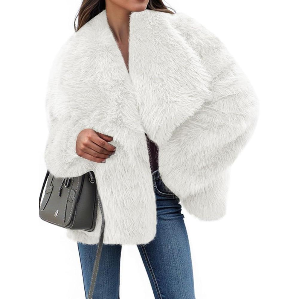 imageTankaneo Womens Cropped Faux Fur Jackets Winter Long Sleeve Open Front Warm Shaggy CoatsWhite