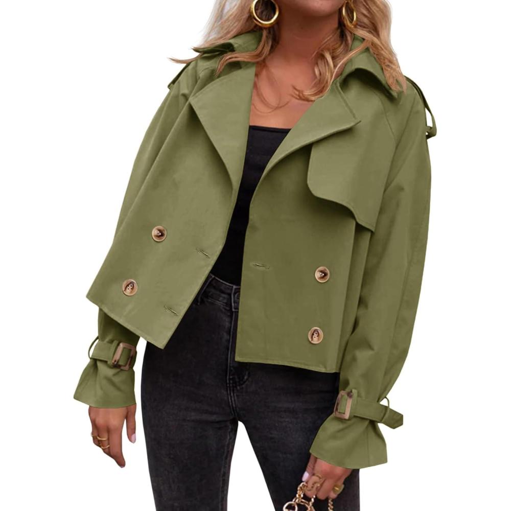 imageTankaneo Womens Cropped Trench Coat Oversized Double Breasted Lapel Long Sleeve Short Jacket Fashion OuterwearArmy Green