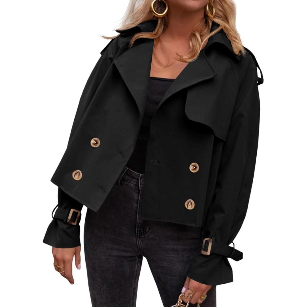 imageTankaneo Womens Cropped Trench Coat Oversized Double Breasted Lapel Long Sleeve Short Jacket Fashion OuterwearBlack