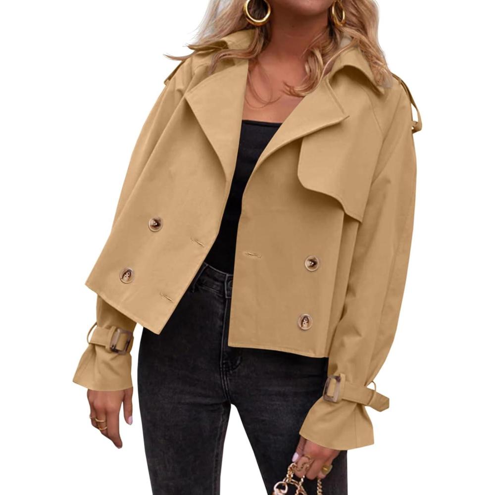 imageTankaneo Womens Cropped Trench Coat Oversized Double Breasted Lapel Long Sleeve Short Jacket Fashion OuterwearKhaki