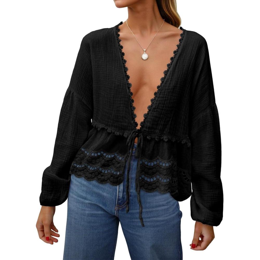 imageTankaneo Womens Deep V Neck Tie Front Blouse Cotton Long Puff Sleeve Eyelet Tops Cute Lace Trim Flowy Ruffle ShirtsBlack