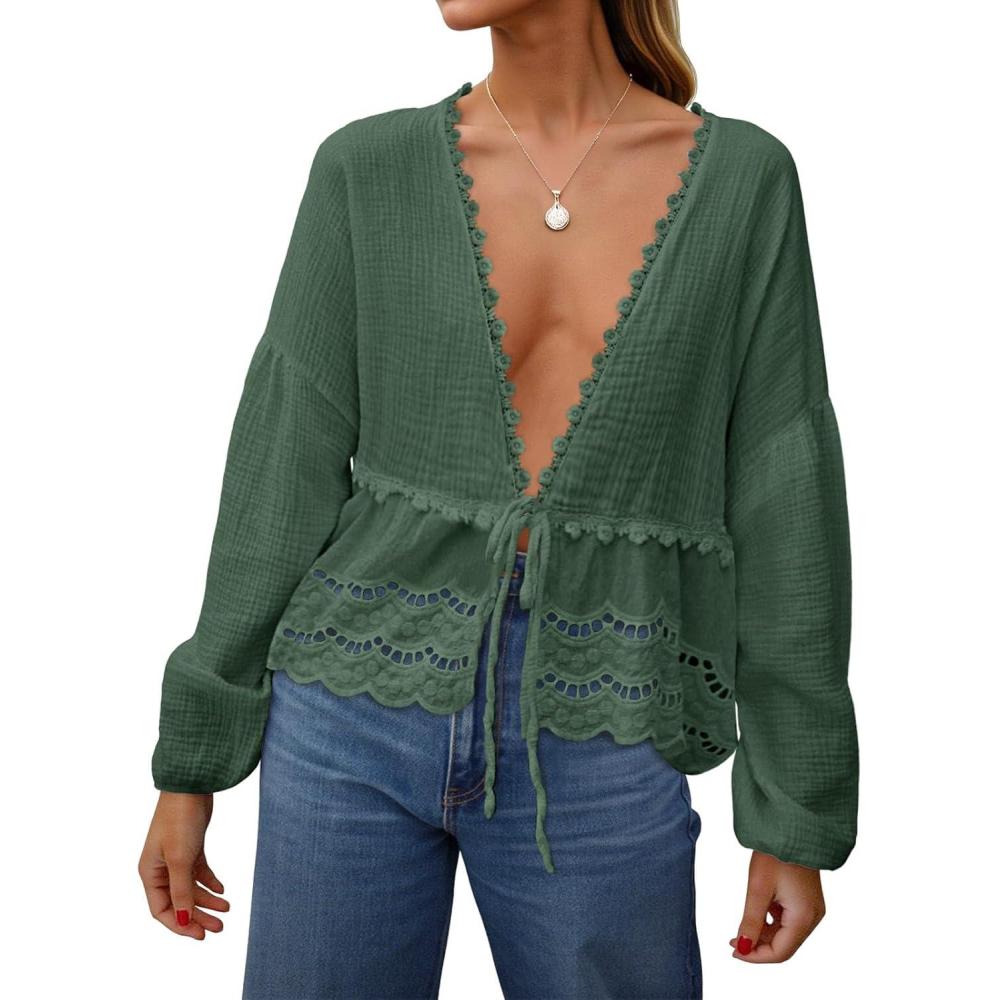 imageTankaneo Womens Deep V Neck Tie Front Blouse Cotton Long Puff Sleeve Eyelet Tops Cute Lace Trim Flowy Ruffle ShirtsDark Green