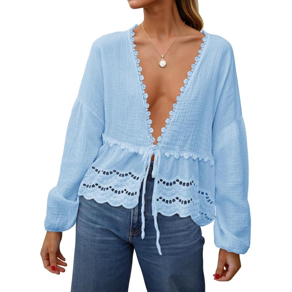 imageTankaneo Womens Deep V Neck Tie Front Blouse Cotton Long Puff Sleeve Eyelet Tops Cute Lace Trim Flowy Ruffle ShirtsSky Blue