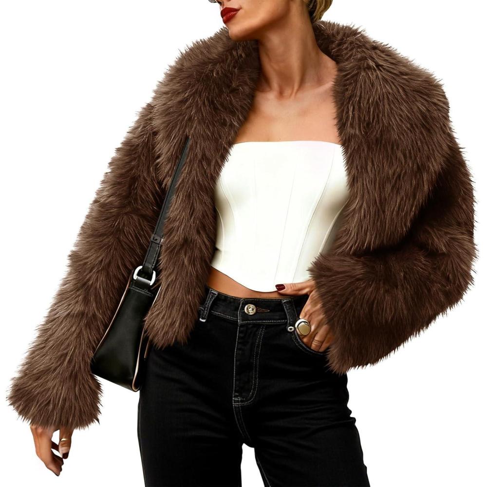 imageTankaneo Womens Faux Fur Jacket Cropped Winter Fall Shaggy Coats Long Sleeve Fluffy Short Coat Fuzzy OuterwearBrown