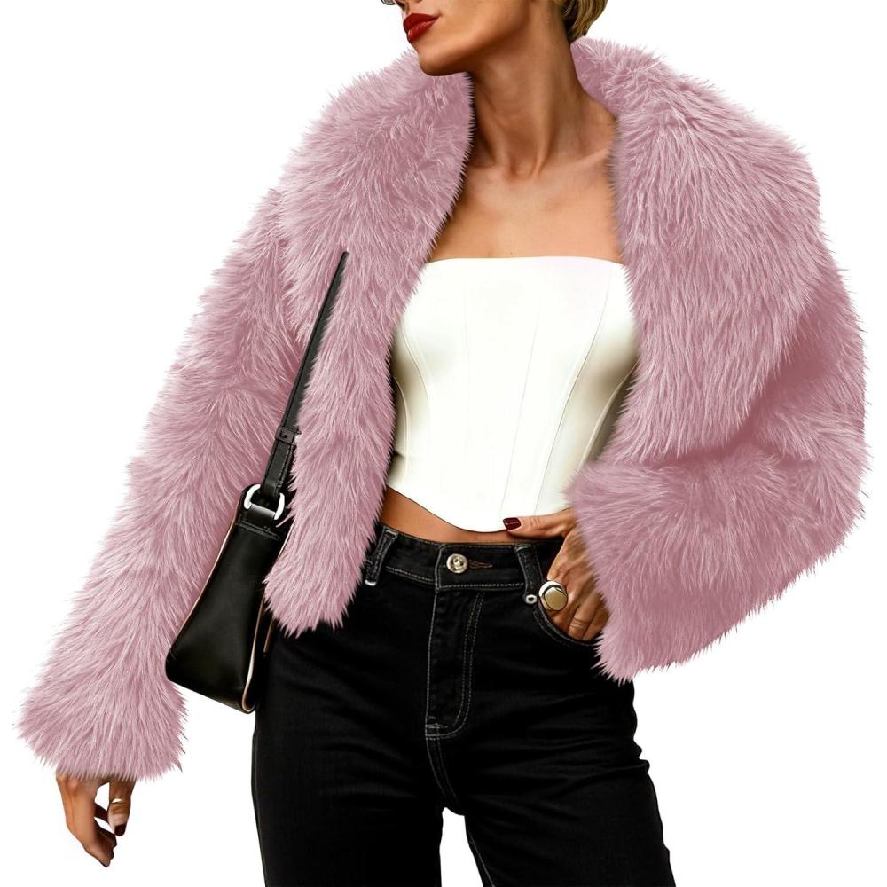 imageTankaneo Womens Faux Fur Jacket Cropped Winter Fall Shaggy Coats Long Sleeve Fluffy Short Coat Fuzzy OuterwearPink