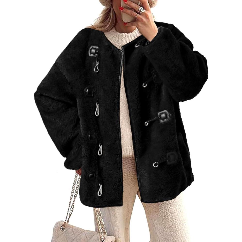 imageTankaneo Womens Faux Fur Jackets Fluffy Collarless Winter Fuzzy Coat Oversized Warm Sherpa OuterwearBlack