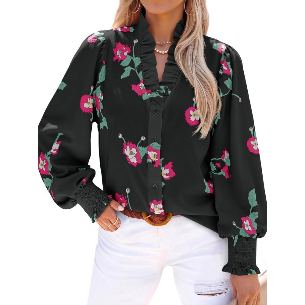 imageTankaneo Womens Floral Ruffle Blouses Dressy Casual Long Puff Sleeve Boho Tops V Neck Button Down ShirtsBlack