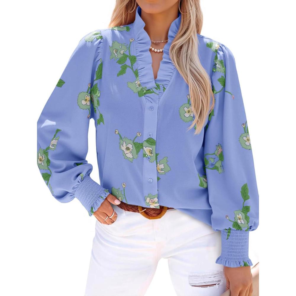 imageTankaneo Womens Floral Ruffle Blouses Dressy Casual Long Puff Sleeve Boho Tops V Neck Button Down ShirtsBlue