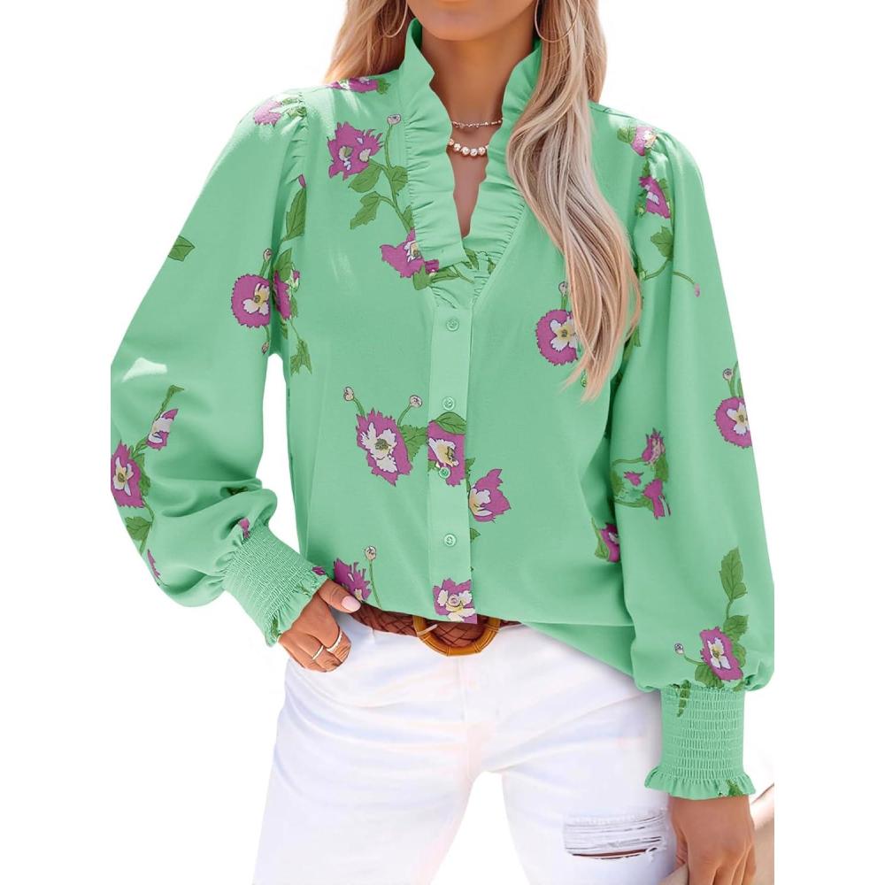 imageTankaneo Womens Floral Ruffle Blouses Dressy Casual Long Puff Sleeve Boho Tops V Neck Button Down ShirtsGreen
