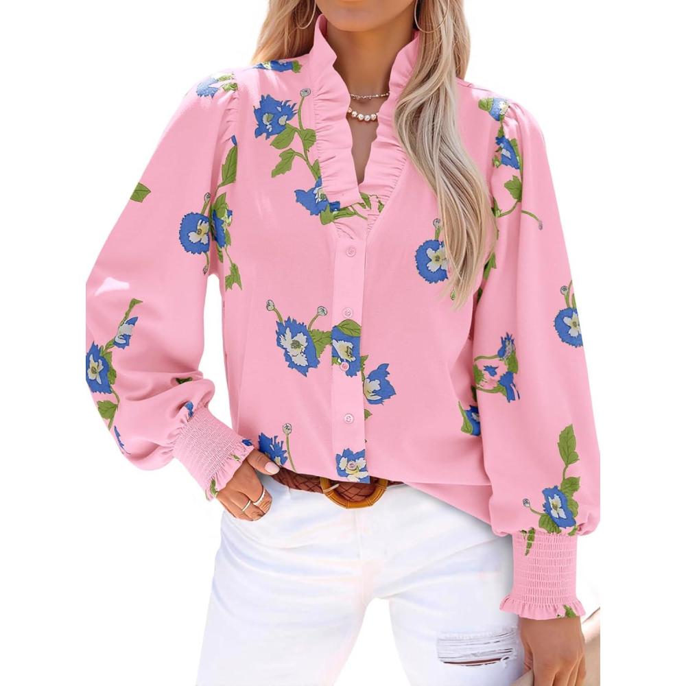 imageTankaneo Womens Floral Ruffle Blouses Dressy Casual Long Puff Sleeve Boho Tops V Neck Button Down ShirtsPink