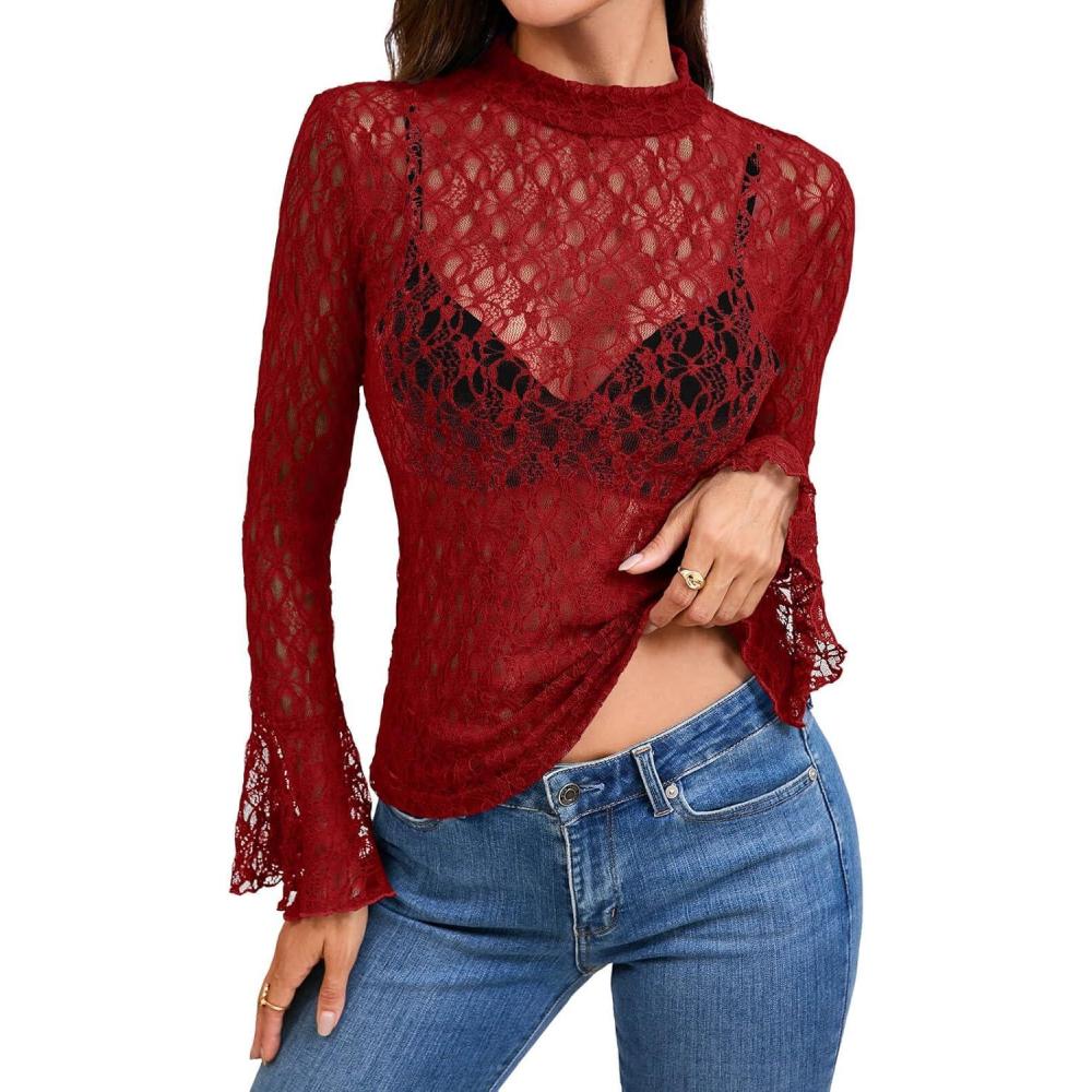 imageTankaneo Womens Lace Mesh Tops Bell Long Sleeve Mock Neck Sheer Blouses Sexy See Through Slim Fit ShirtsRed