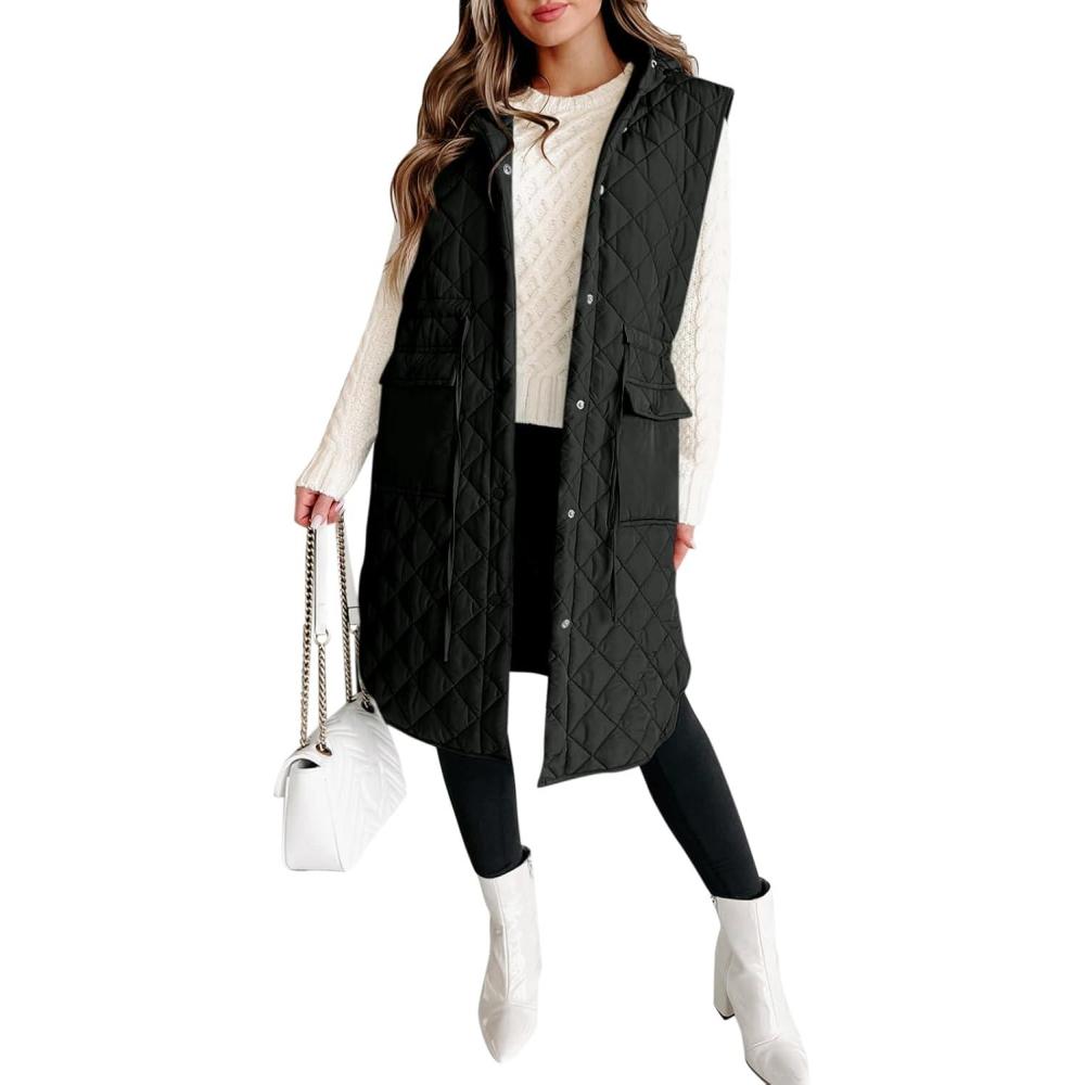 imageTankaneo Womens Long Puffer Vest Sleeveless Hood Quilted Winter Outwear Warm Jackets CoatsBlack