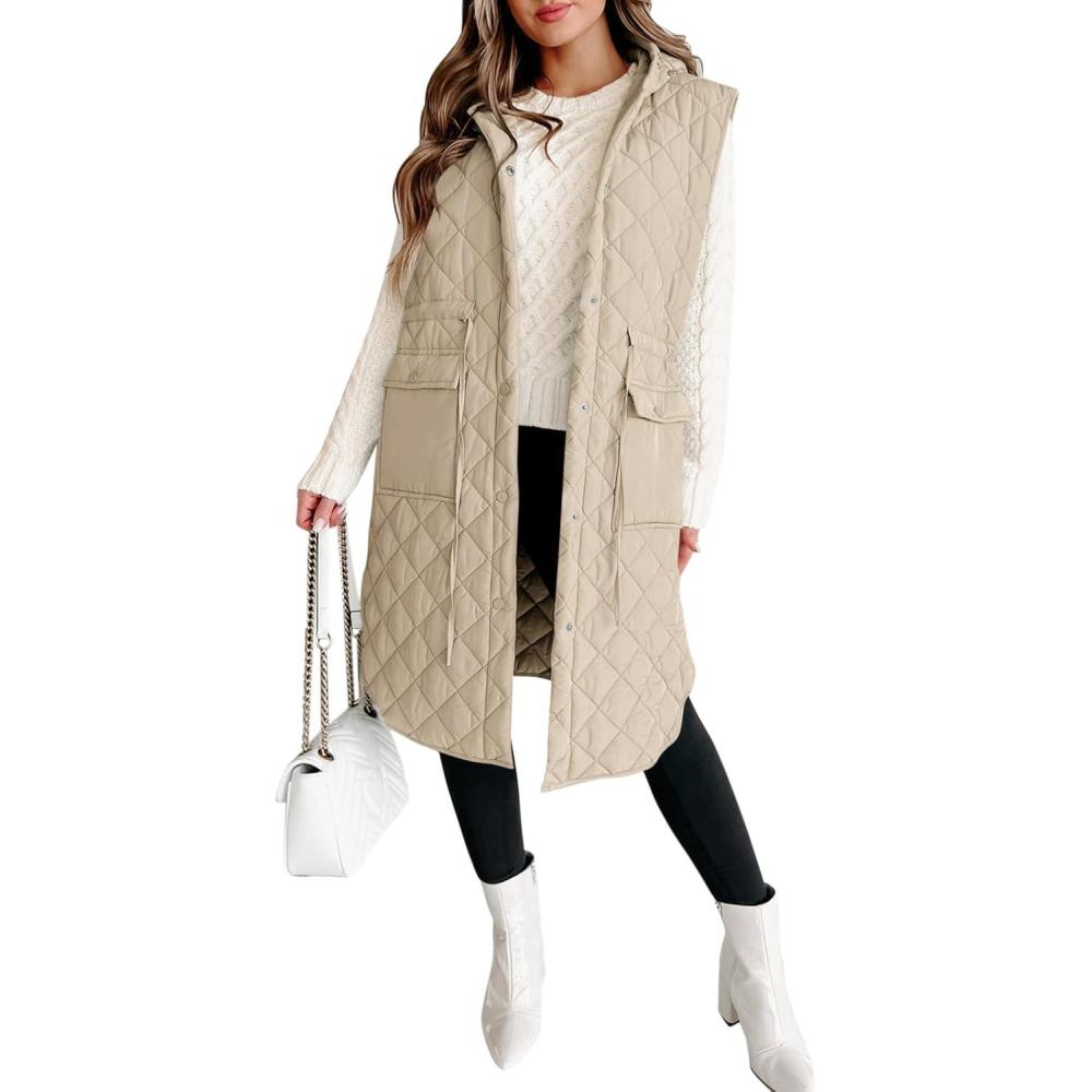 imageTankaneo Womens Long Puffer Vest Sleeveless Hood Quilted Winter Outwear Warm Jackets CoatsKhaki