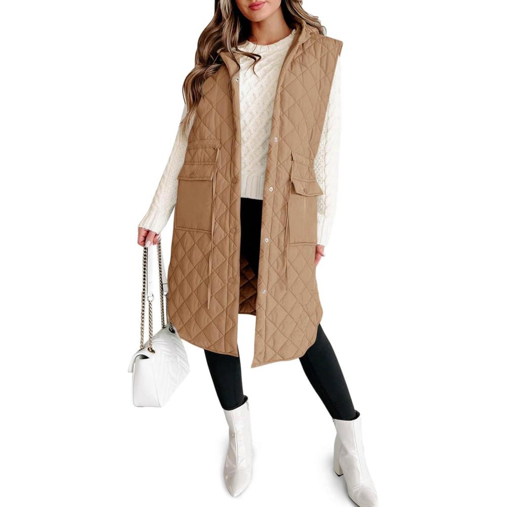 imageTankaneo Womens Long Puffer Vest Sleeveless Hood Quilted Winter Outwear Warm Jackets CoatsLight Khaki