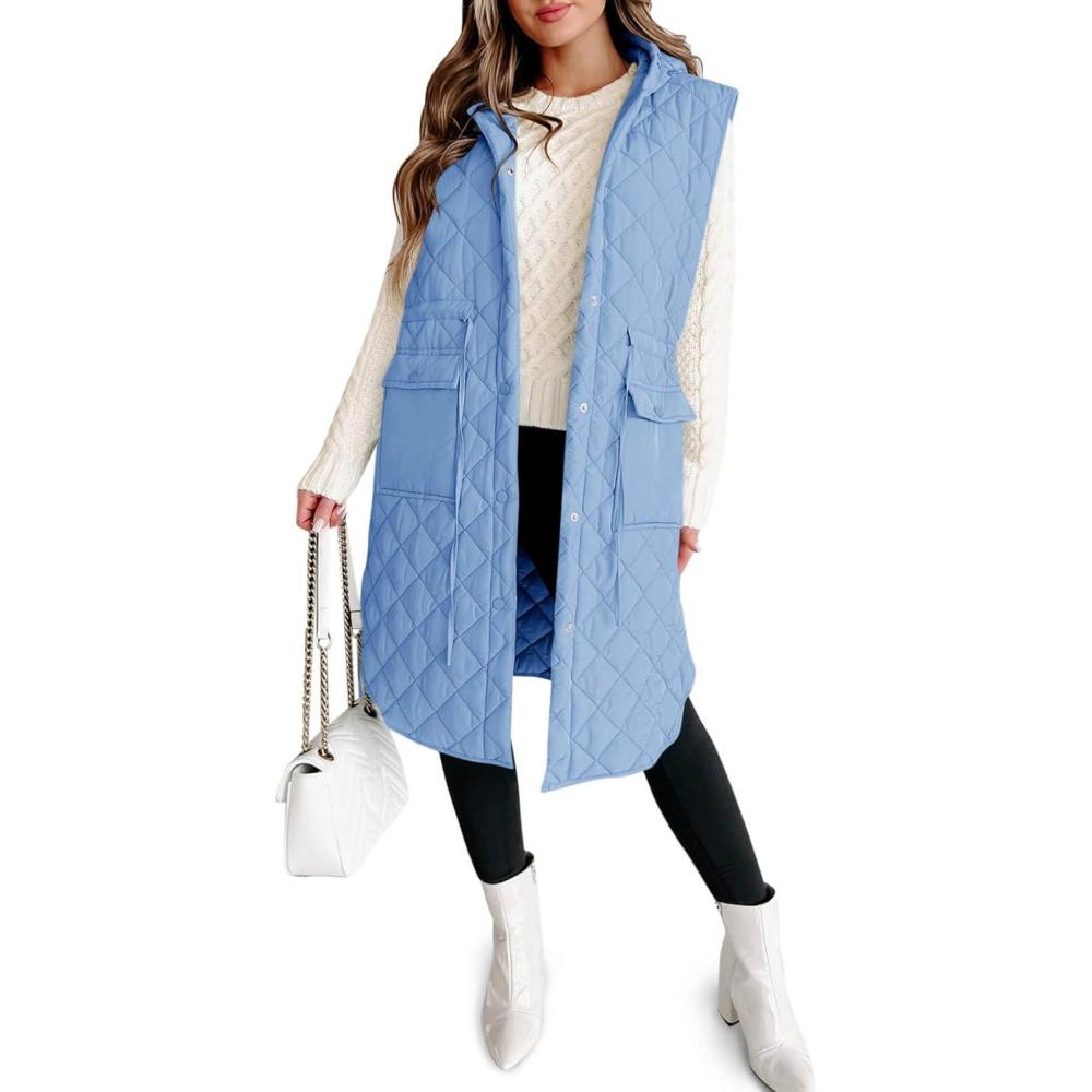 imageTankaneo Womens Long Puffer Vest Sleeveless Hood Quilted Winter Outwear Warm Jackets CoatsSky Blue