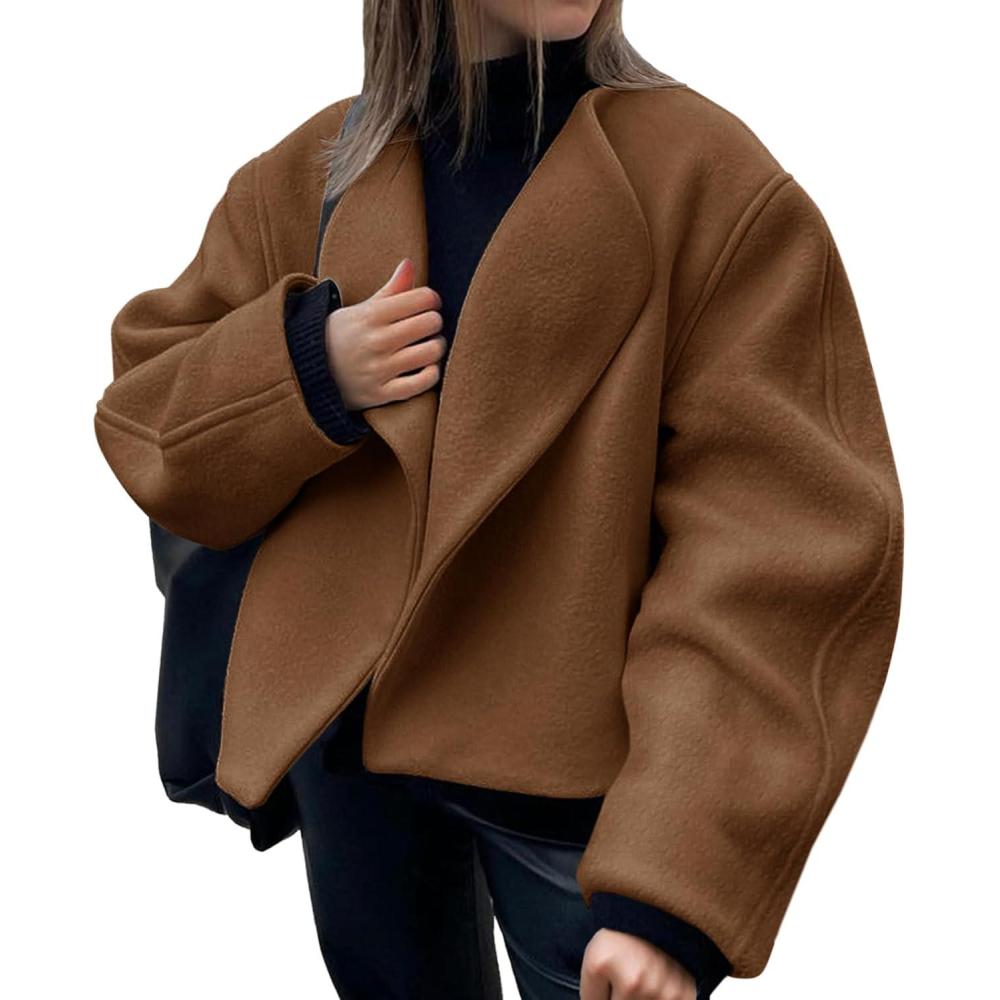imageTankaneo Womens Oversized Cropped Pea Coat Lapel Open Front Jacket Winter Short OuterwearBrown