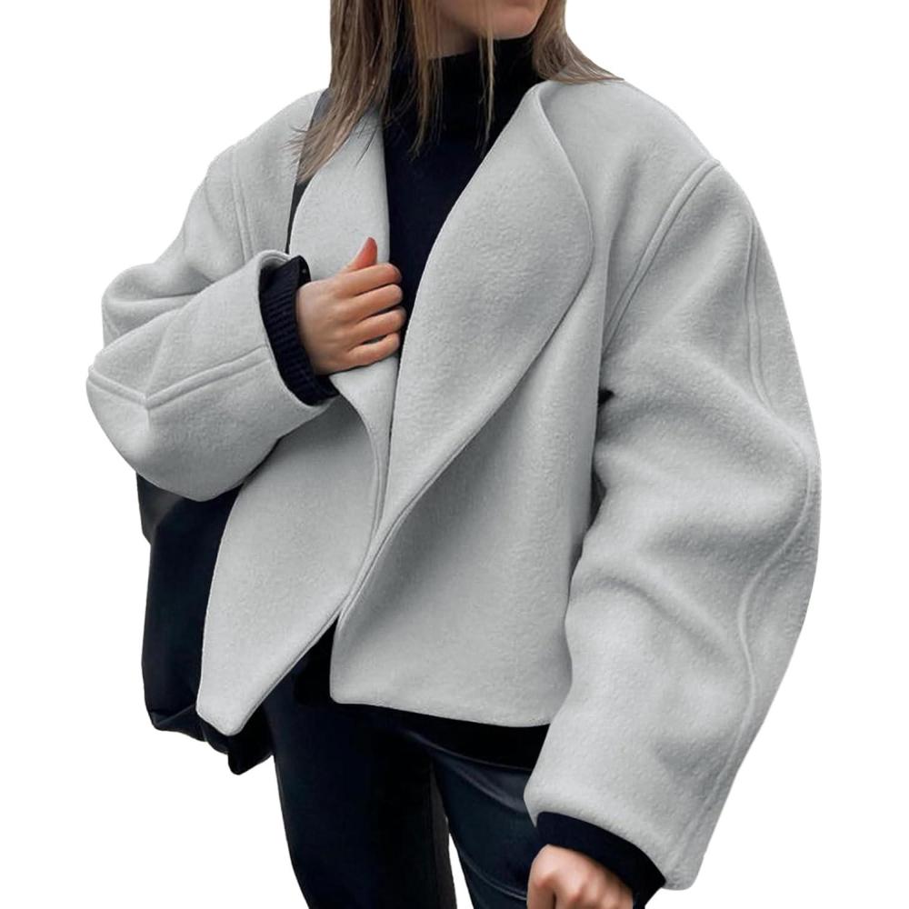 imageTankaneo Womens Oversized Cropped Pea Coat Lapel Open Front Jacket Winter Short OuterwearLight Grey