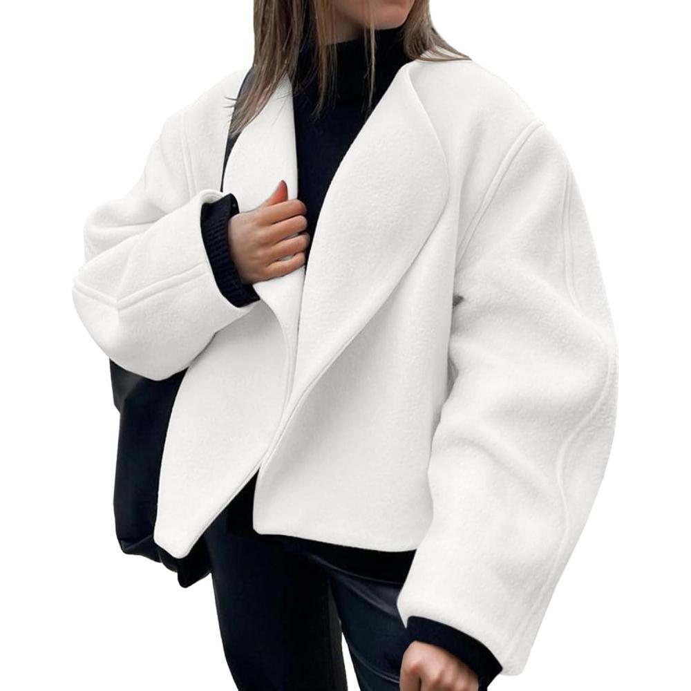 imageTankaneo Womens Oversized Cropped Pea Coat Lapel Open Front Jacket Winter Short OuterwearWhite