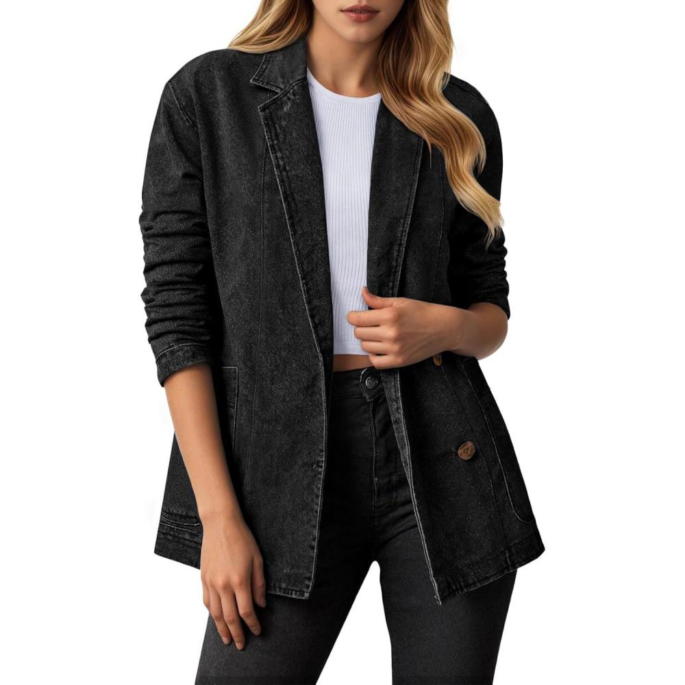 imageTankaneo Womens Oversized Denim Jacket Casual Button Up Blazer Notched Lapel Jean Shacket CoatBlack
