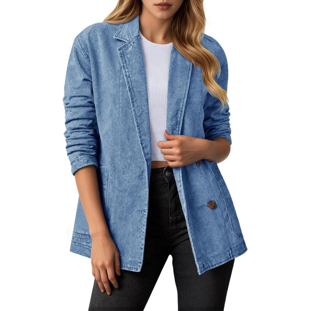 imageTankaneo Womens Oversized Denim Jacket Casual Button Up Blazer Notched Lapel Jean Shacket CoatBlue