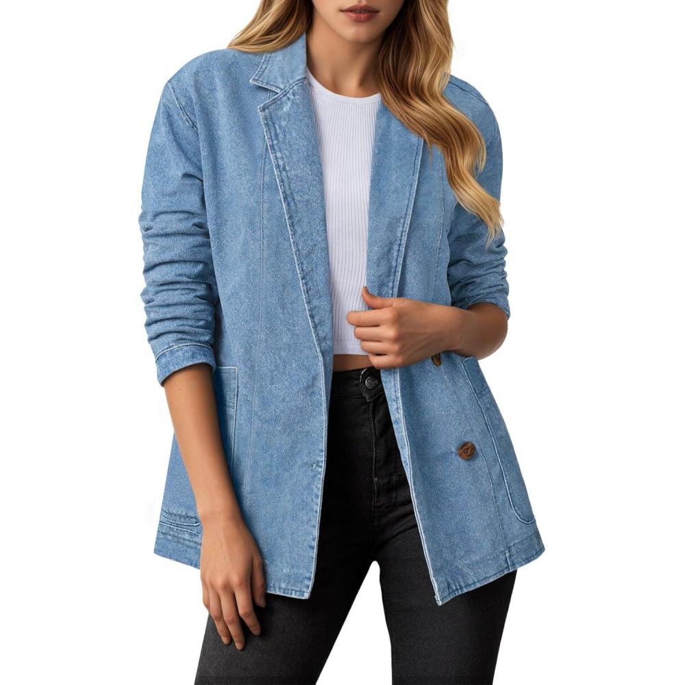 imageTankaneo Womens Oversized Denim Jacket Casual Button Up Blazer Notched Lapel Jean Shacket CoatLight Blue