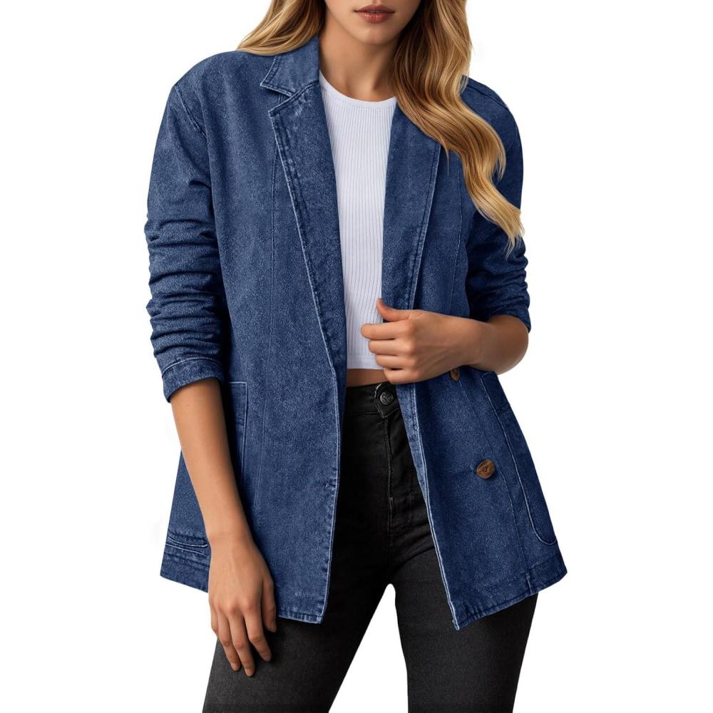 imageTankaneo Womens Oversized Denim Jacket Casual Button Up Blazer Notched Lapel Jean Shacket CoatNavy