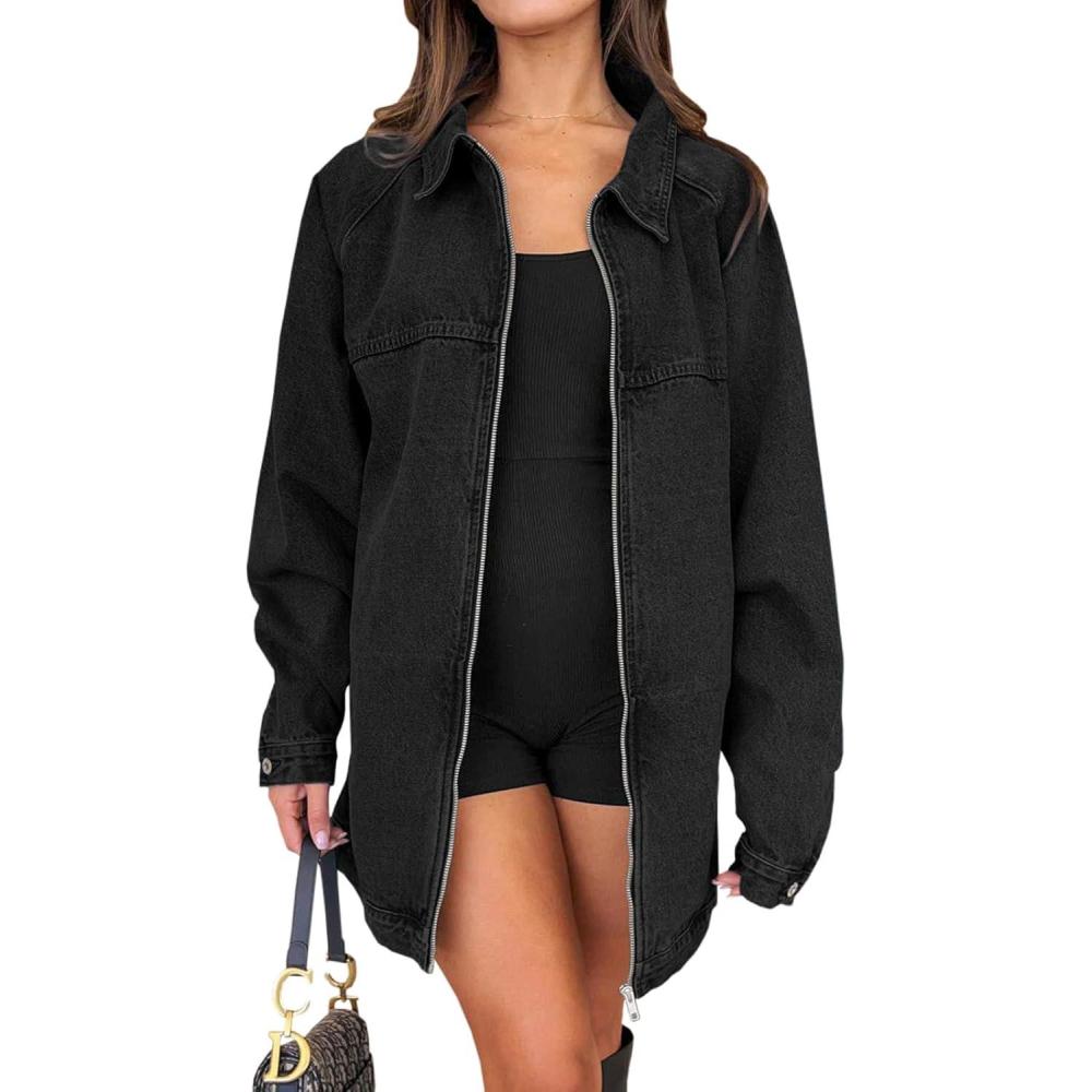 imageTankaneo Womens Oversized Denim Jackets Casual Zip up Spring Long Sleeve Jean Jacket with PocketBlack