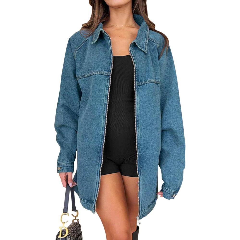 imageTankaneo Womens Oversized Denim Jackets Casual Zip up Spring Long Sleeve Jean Jacket with PocketBlue