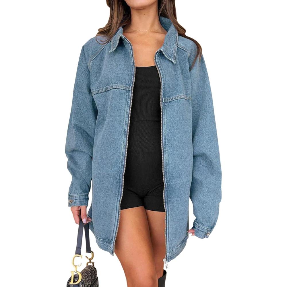 imageTankaneo Womens Oversized Denim Jackets Casual Zip up Spring Long Sleeve Jean Jacket with PocketLight Blue