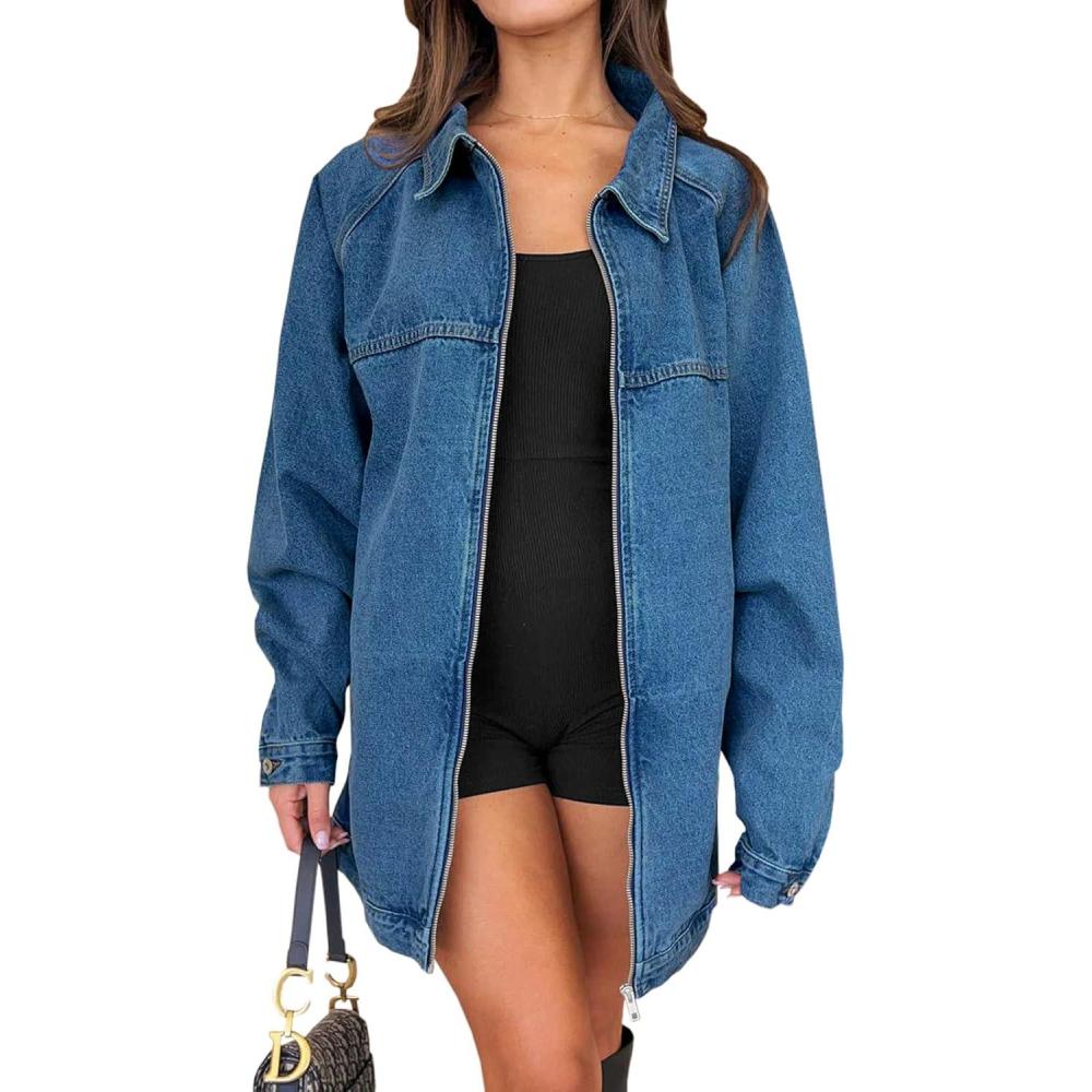 imageTankaneo Womens Oversized Denim Jackets Casual Zip up Spring Long Sleeve Jean Jacket with PocketNavy Blue