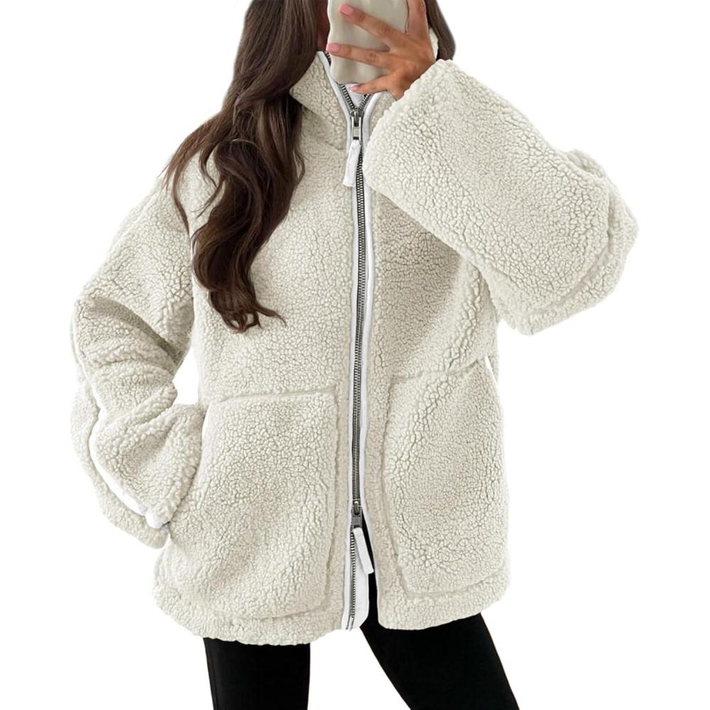 imageTankaneo Womens Oversized Sherpa Fleece Jacket Zip Up Teddy Coat Winter Warm Stand Collar Fuzzy OuterwearBeige