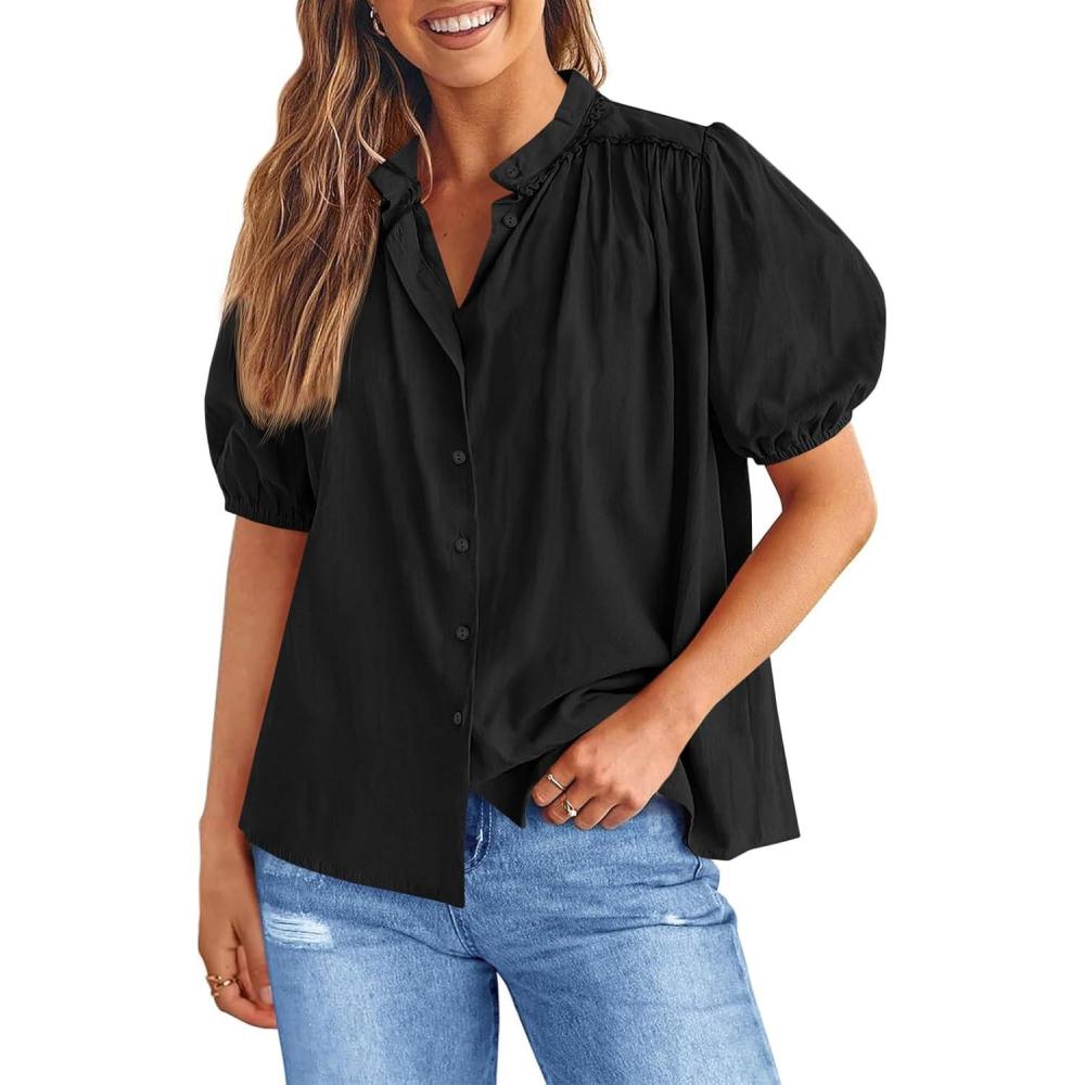 imageTankaneo Womens Puff Sleeve Button Down Shirts Cotton Pleated Loose Fit Tops Summer Dressy Casual BlousesBlack
