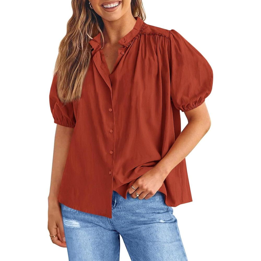 imageTankaneo Womens Puff Sleeve Button Down Shirts Cotton Pleated Loose Fit Tops Summer Dressy Casual BlousesBrick Red