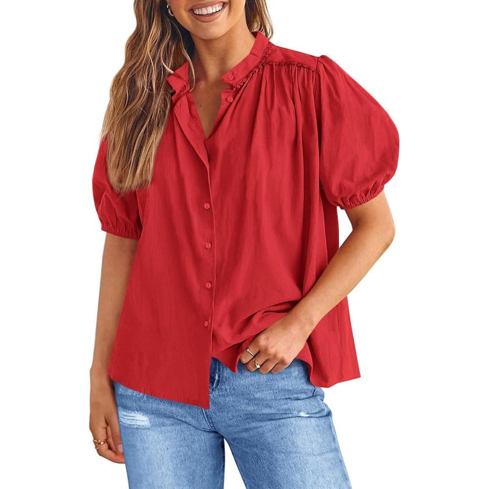 imageTankaneo Womens Puff Sleeve Button Down Shirts Cotton Pleated Loose Fit Tops Summer Dressy Casual BlousesDark Red