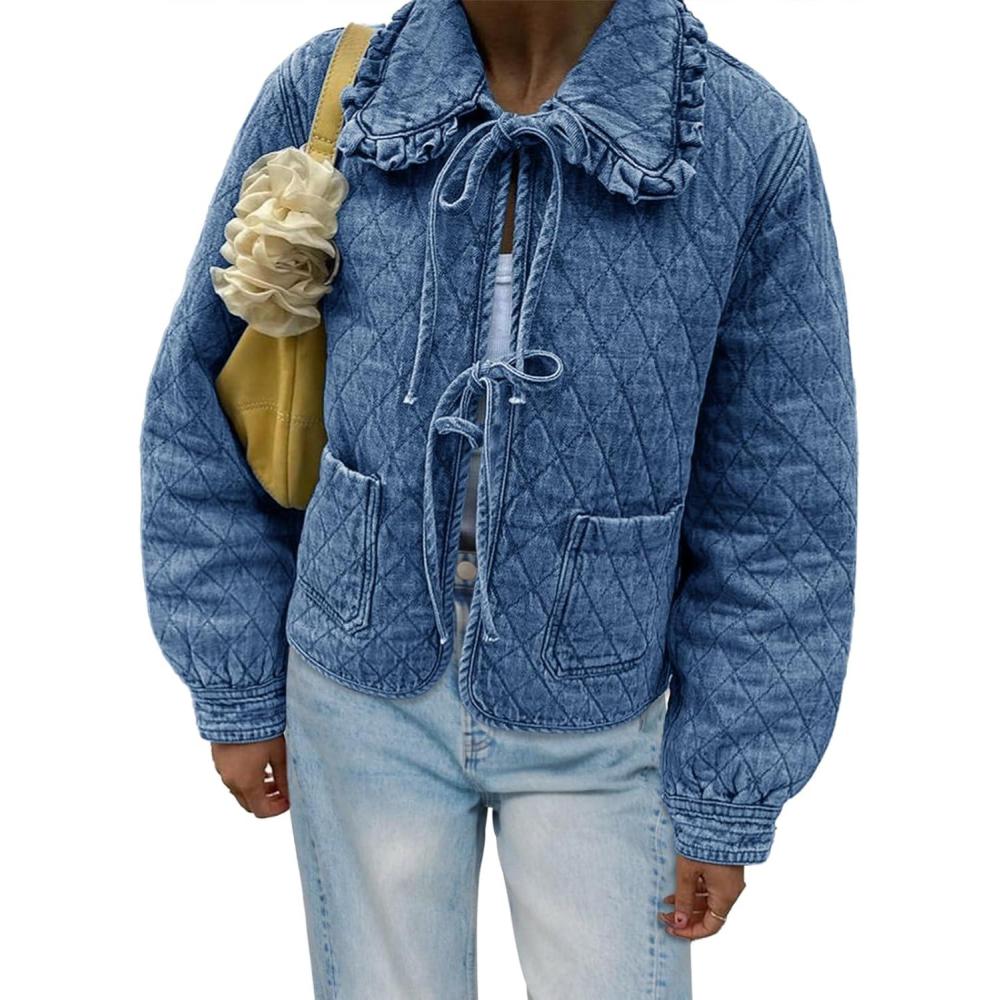 imageTankaneo Womens Quilted Denim Puffer Jackets Tie Front Bow Cropped Puffy Jackets Fall Cute Short Jeans CoatBlue