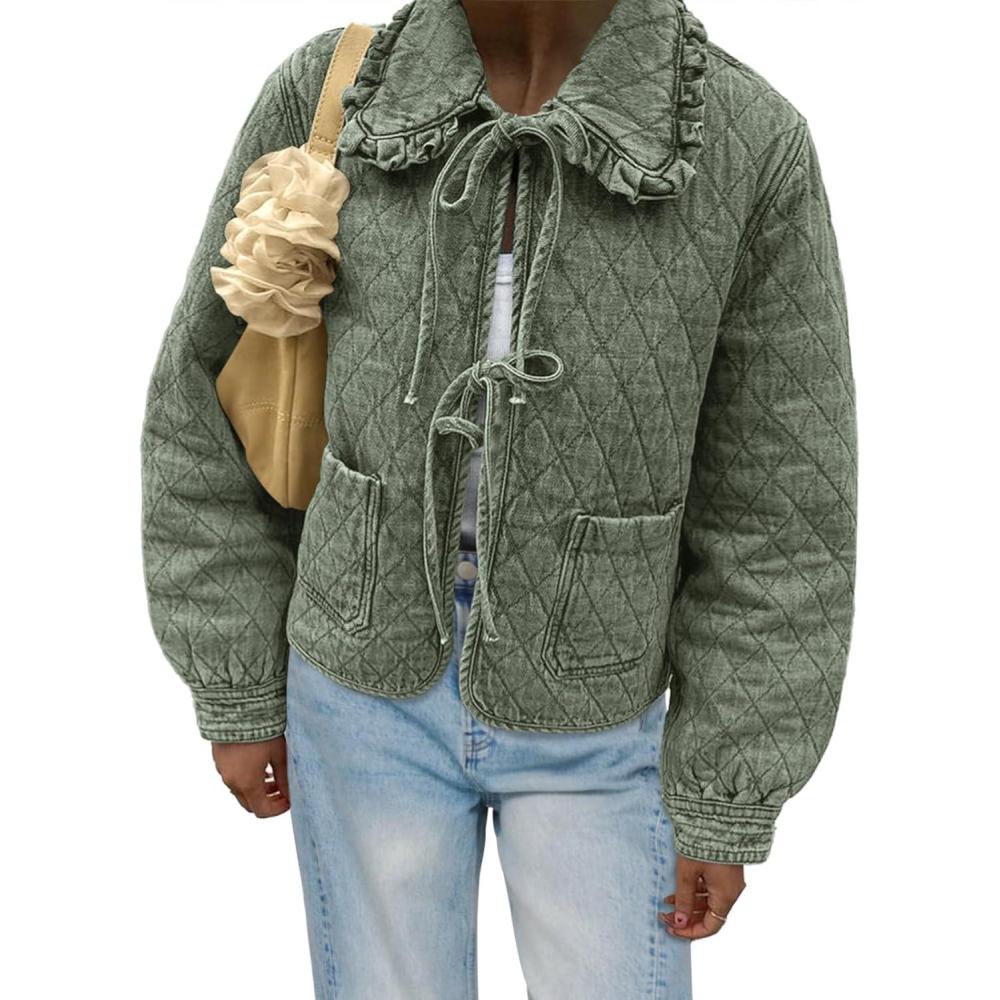 imageTankaneo Womens Quilted Denim Puffer Jackets Tie Front Bow Cropped Puffy Jackets Fall Cute Short Jeans CoatGreen