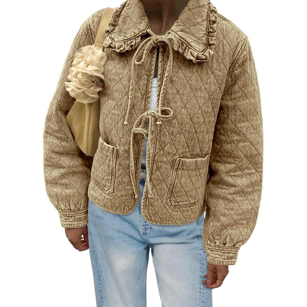 imageTankaneo Womens Quilted Denim Puffer Jackets Tie Front Bow Cropped Puffy Jackets Fall Cute Short Jeans CoatKhaki