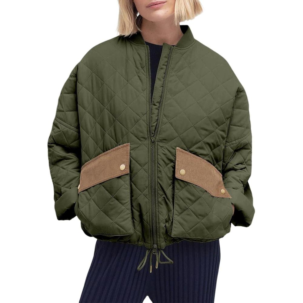 imageTankaneo Womens Quilted Puffer Jacket Winter Casual Zip Up Bomber Jackets Short Coat Outerwear with PocketsArmy Green