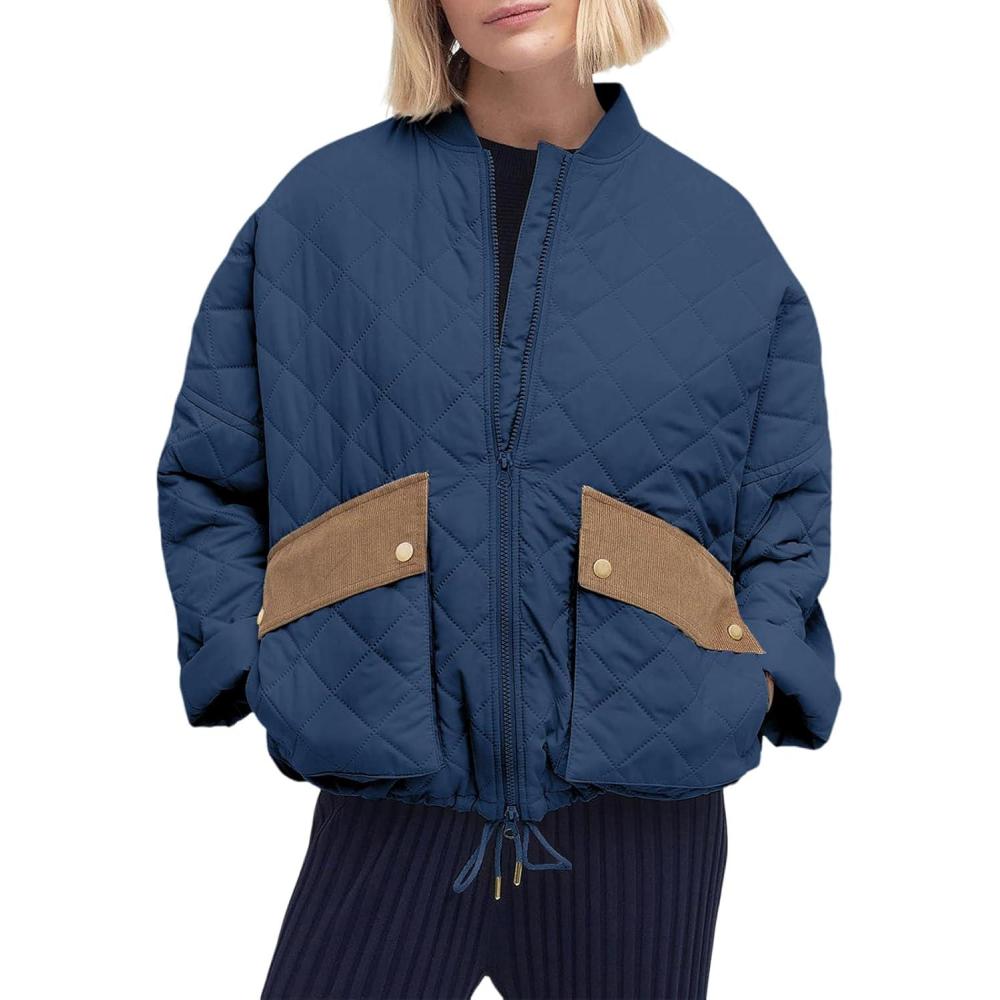 imageTankaneo Womens Quilted Puffer Jacket Winter Casual Zip Up Bomber Jackets Short Coat Outerwear with PocketsNavy