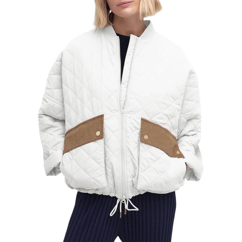 imageTankaneo Womens Quilted Puffer Jacket Winter Casual Zip Up Bomber Jackets Short Coat Outerwear with PocketsWhite